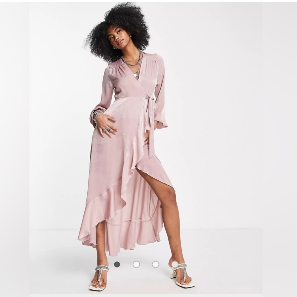 NWT ASOS flounce London satin long sleeve wrap maxi dress blush pink